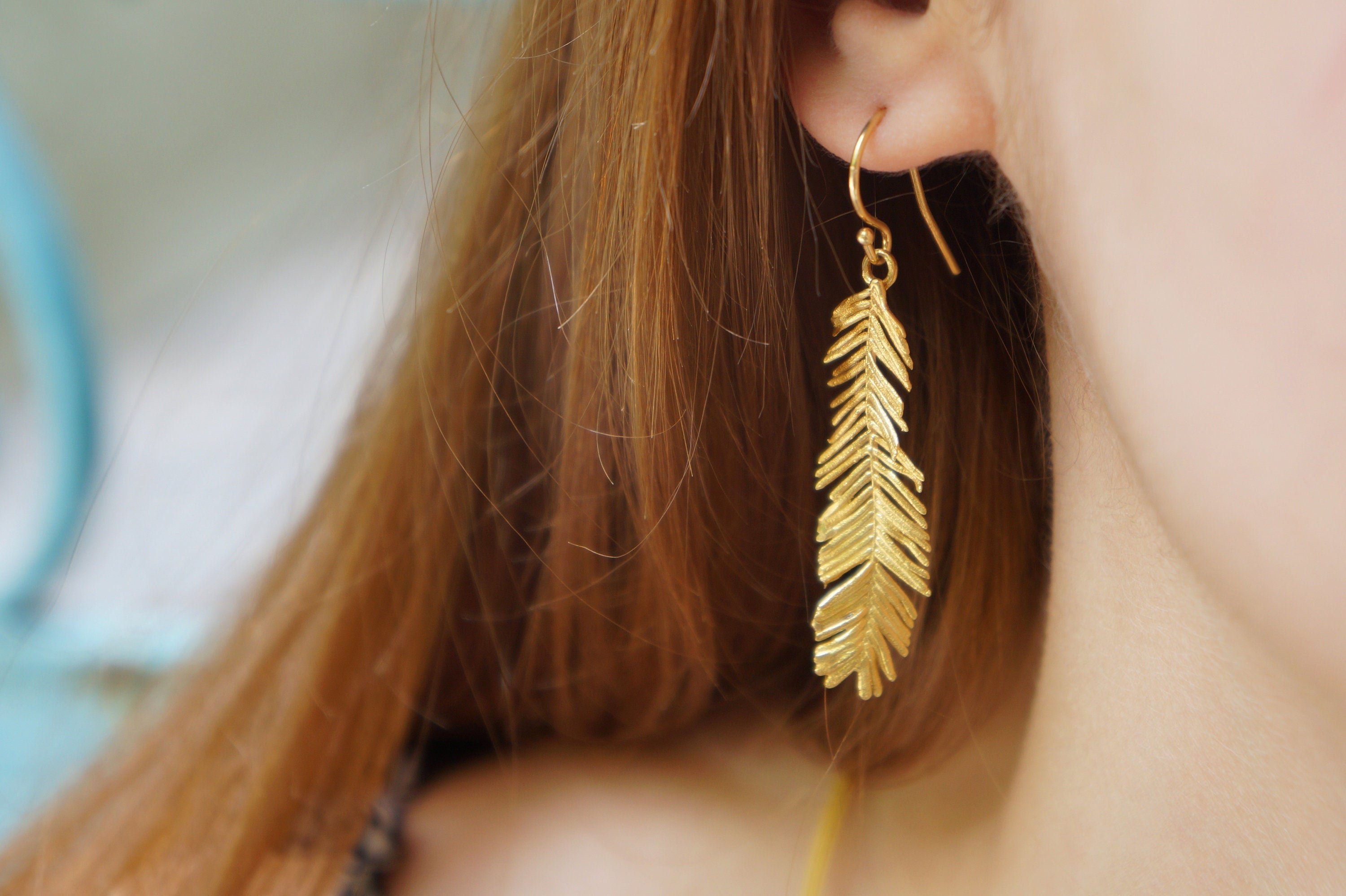Mimosa Leaf Earrings: Handmade Nature Jewelry (Recycled Brass, 14k Gold)
