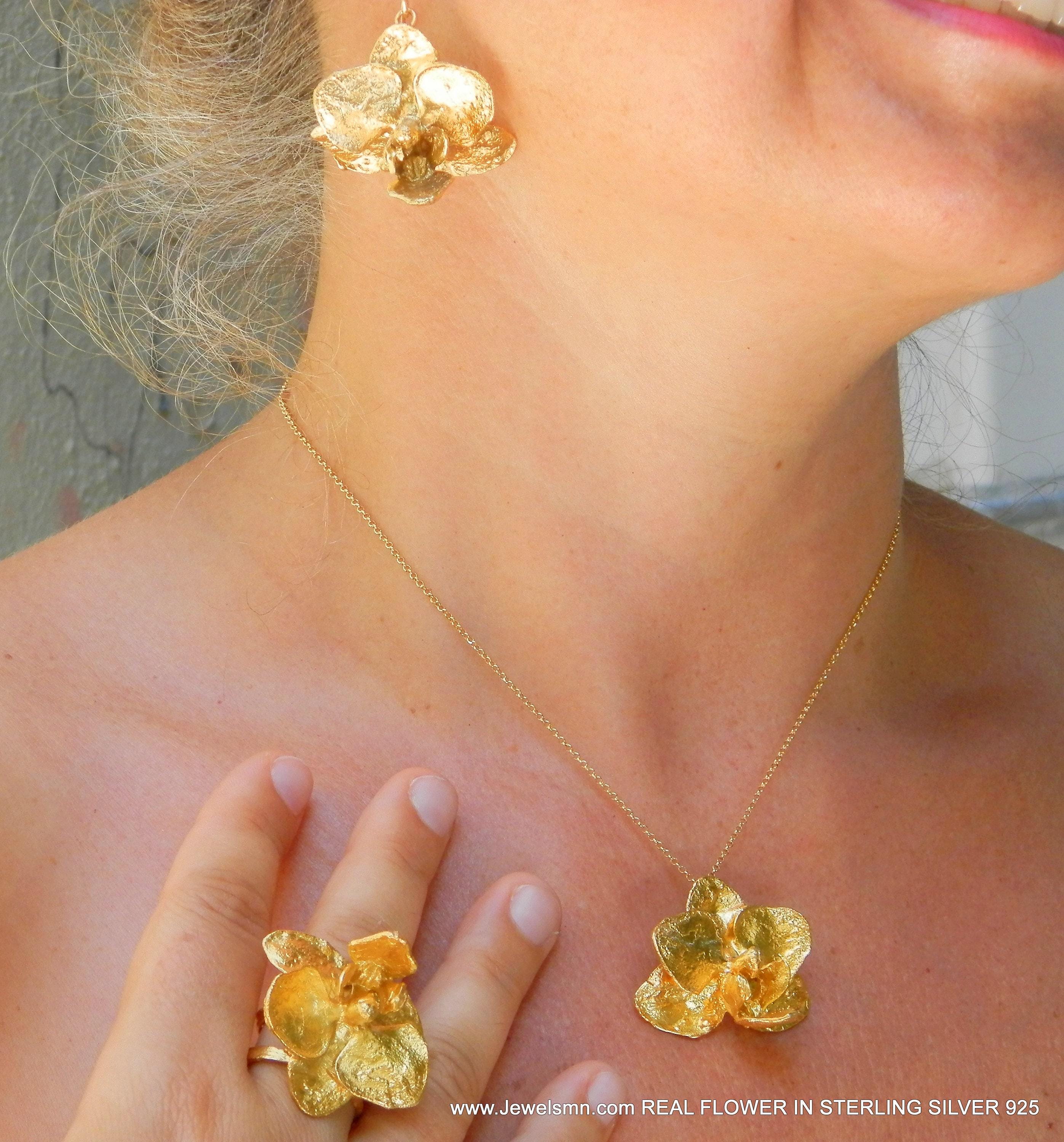 Gold Orchid Flower Necklace, Gold-Plated Sterling Silver Pendant, Gift for Her, Birthday Gift for Women, Handmade Jewelry, Boho Fashion