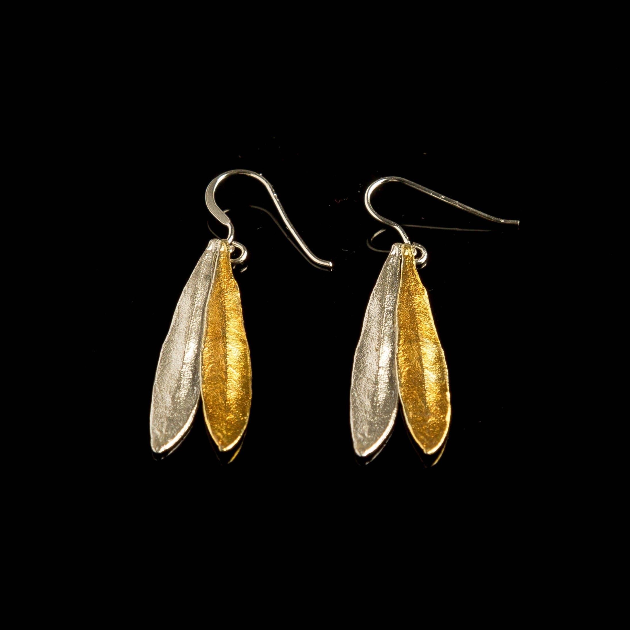 Olive Leaf Earrings: Sterling Silver Dangles - Mixed Metal Finish
