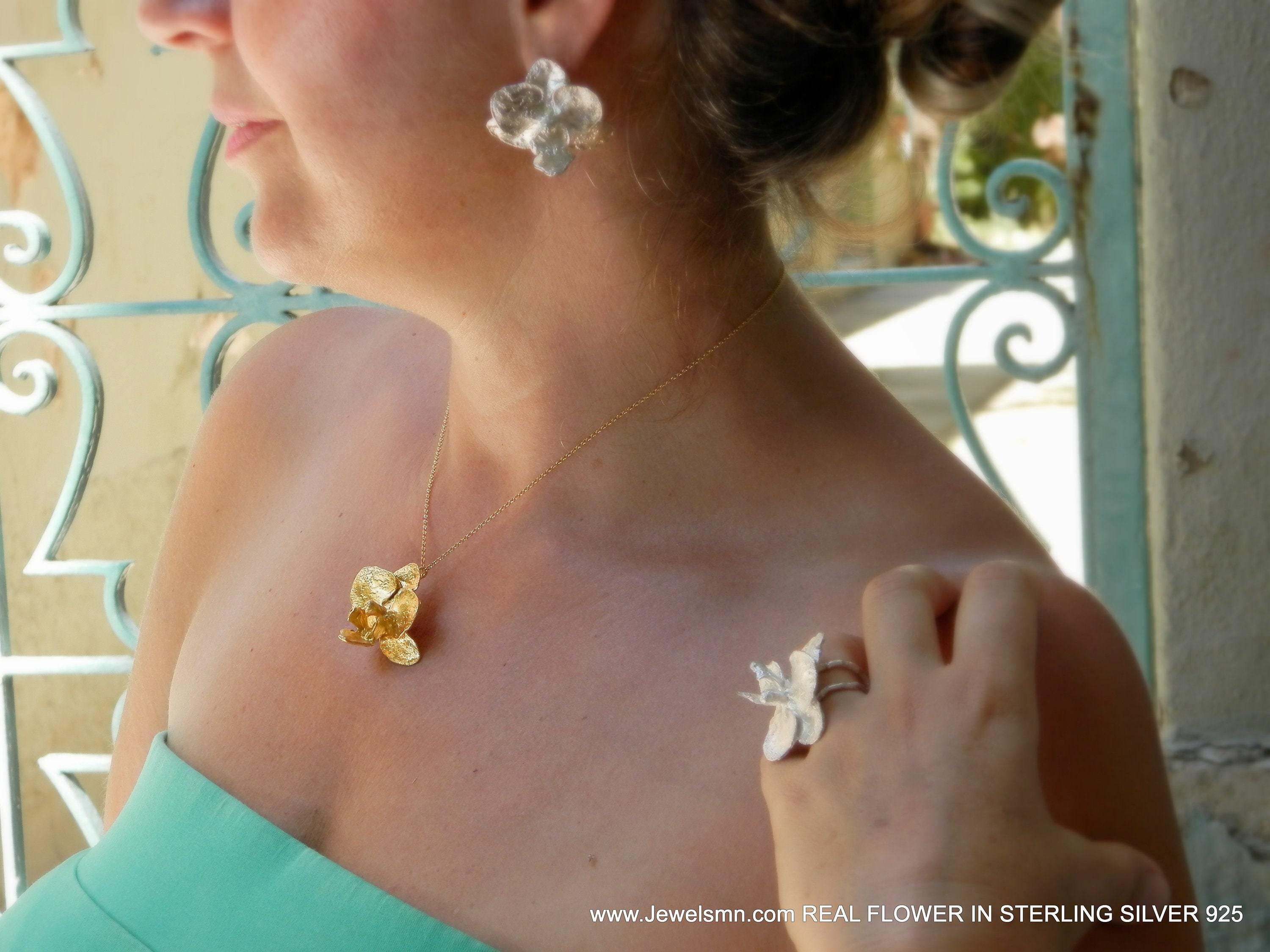 Gold Orchid Flower Necklace, Gold-Plated Sterling Silver Pendant, Gift for Her, Birthday Gift for Women, Handmade Jewelry, Boho Fashion