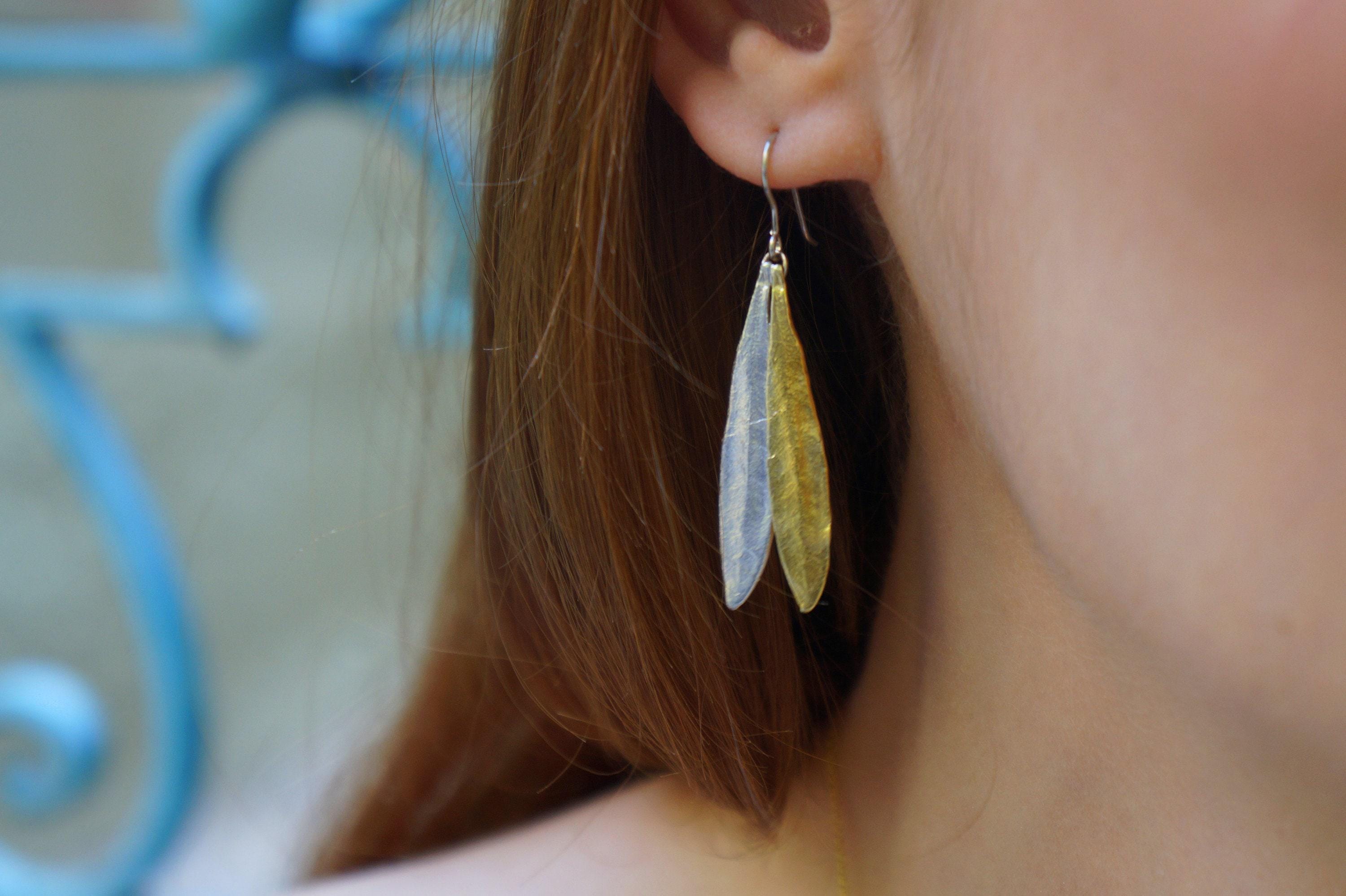 Olive Leaf Earrings: Sterling Silver Dangles - Mixed Metal Finish